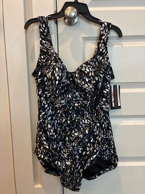Maxine of Hollywood Shirred Front One Piece Swimsuit black brushstroke shimmer